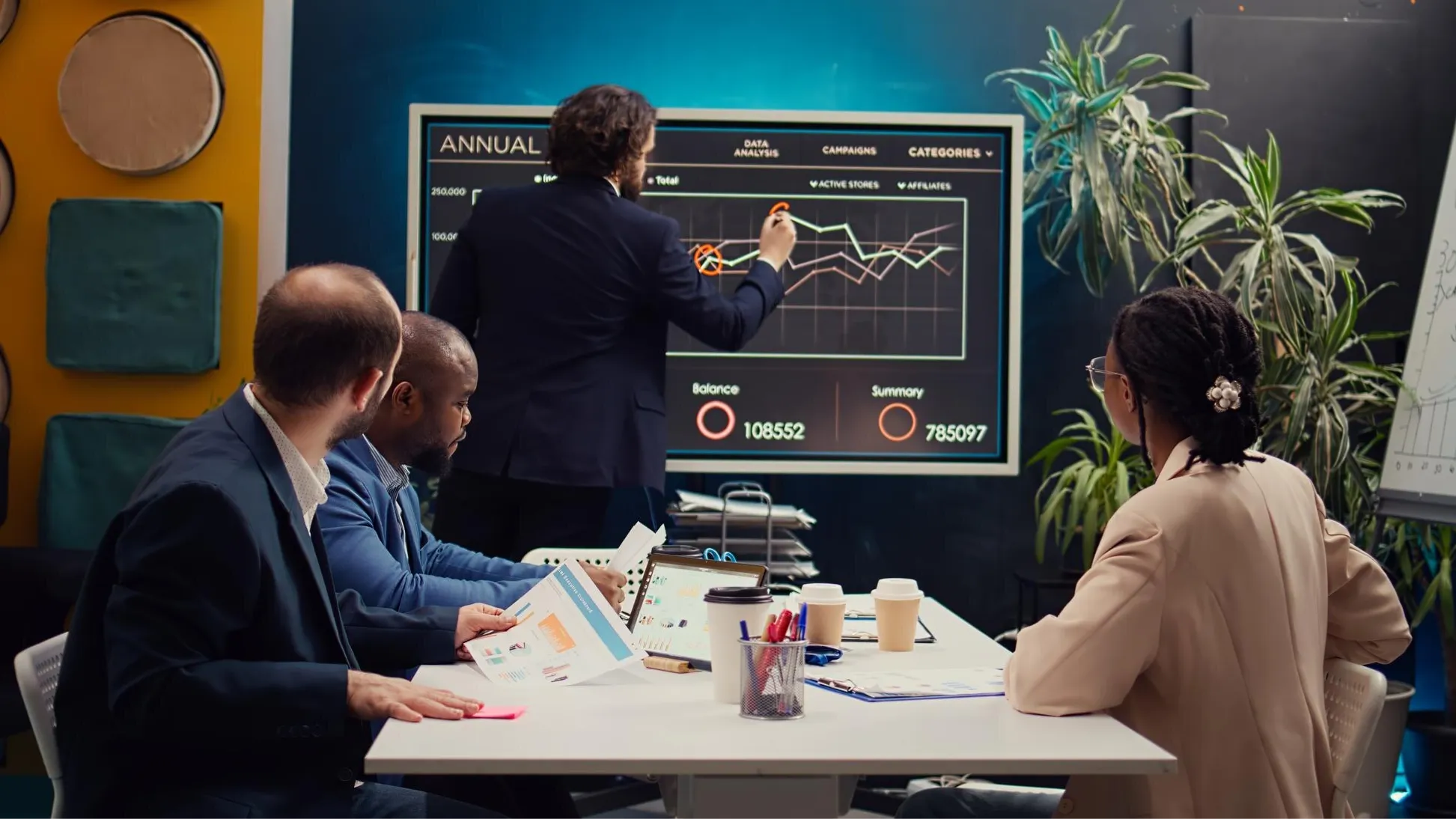 Four professionals in a meeting room focus on a large digital screen displaying analytics and performance data. One person is pointing at the graph on the screen. The setting suggests business strategy sessions supported by Teams for business solutions. Keywords: Teams for business, Microsoft Teams calling, Teams contact center integration.