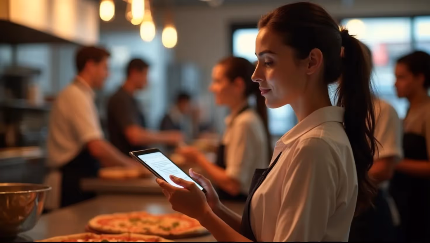 A woman in a restaurant kitchen uses a tablet while her colleagues prepare food in the background. The setting implies efficient operations enabled by cloud-based retail communication solutions that support real-time coordination in small business environments.
