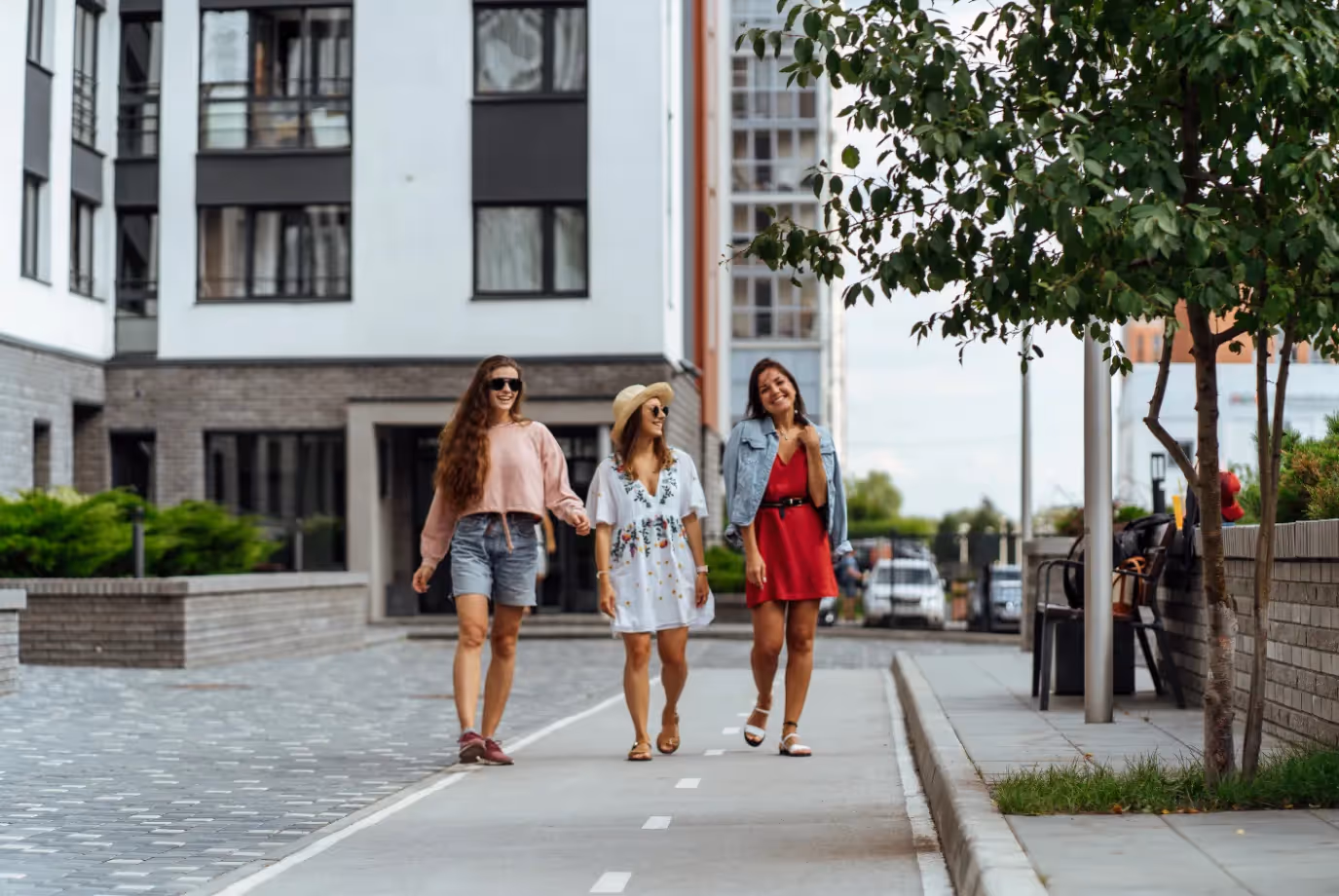 women walking on city street stock image