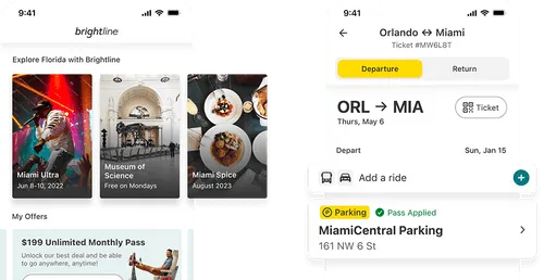 Two screens from the Brightline App showing features that enable users to explore their destination, book a ride from the station, or add a parking pass.