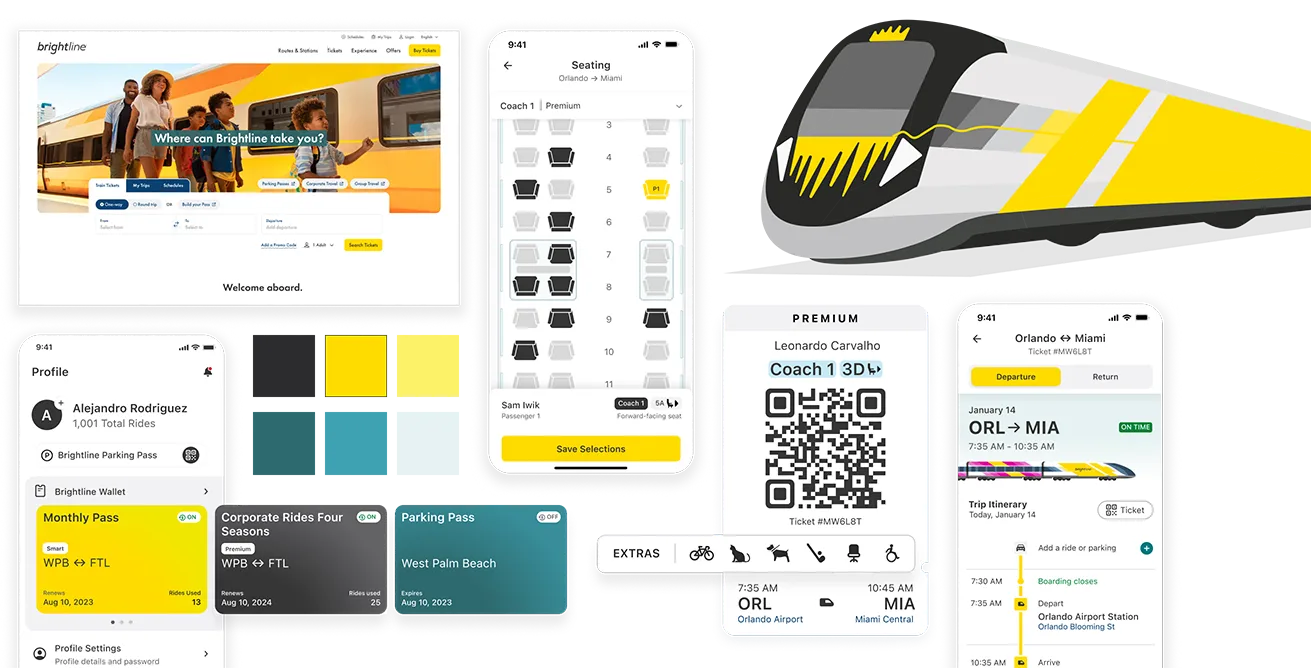 A collection of screens and graphic elements from Brightline's digital products, showing Brightline's design system.