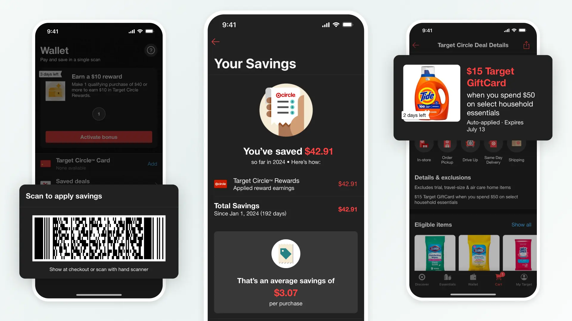 Three different views of the Target Circle app showing rewards being applied.