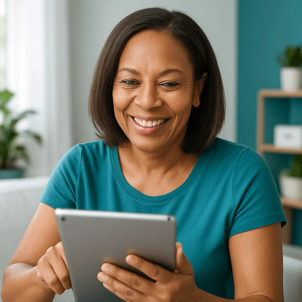 Woman on a tablet signing in