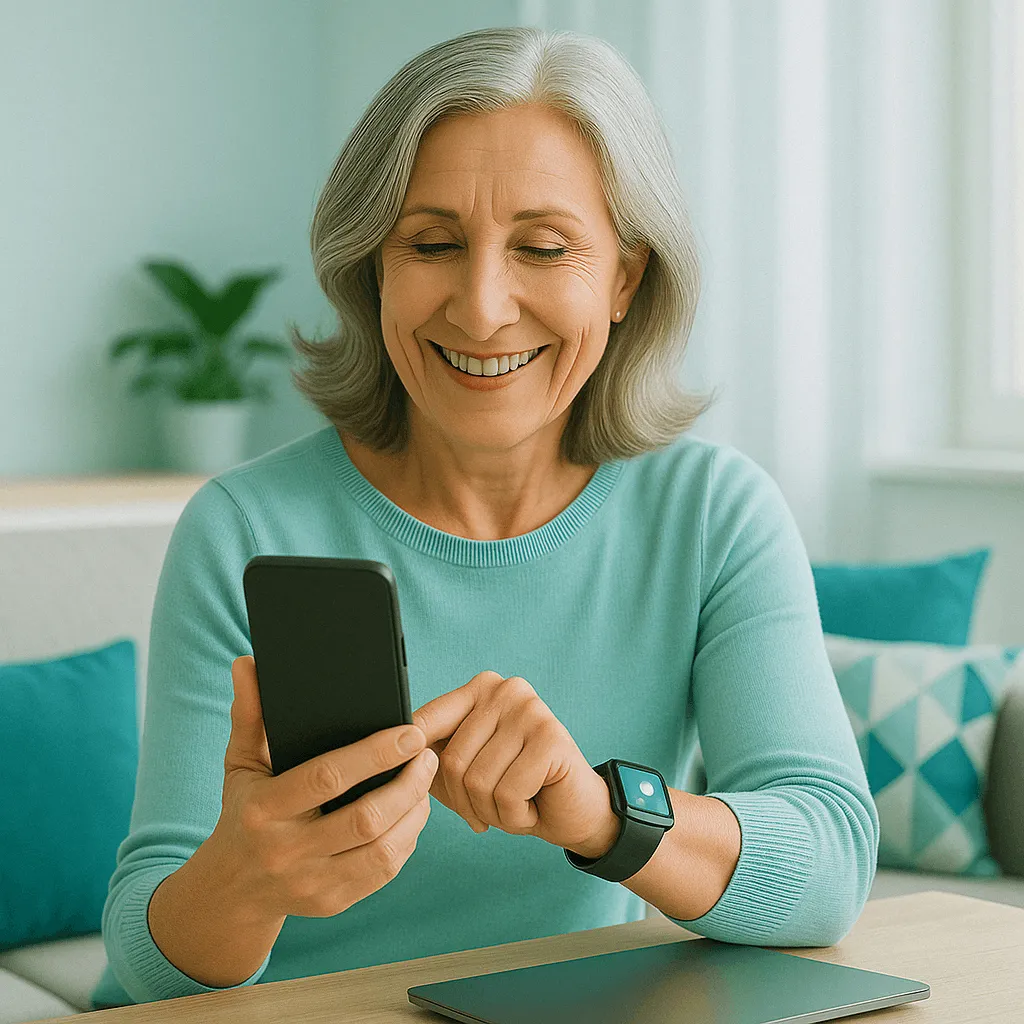 A woman in a blue shirt holding a cell phone.