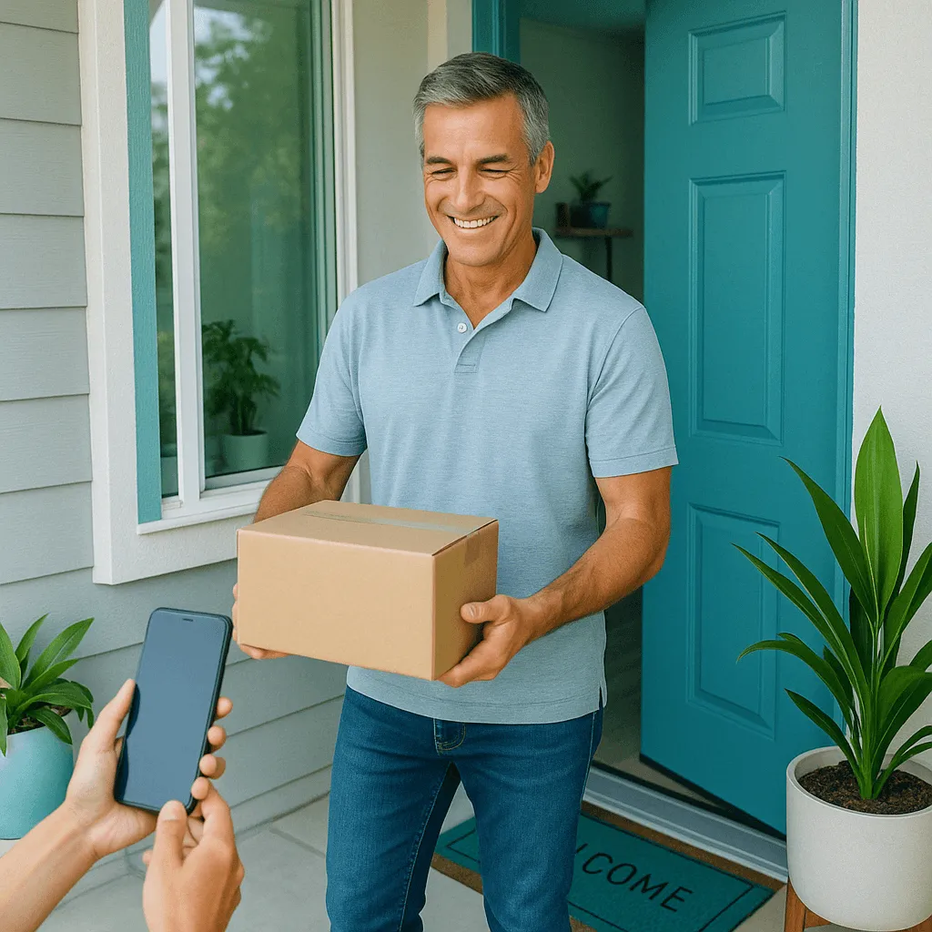 A man holding a box in front of a blue door.