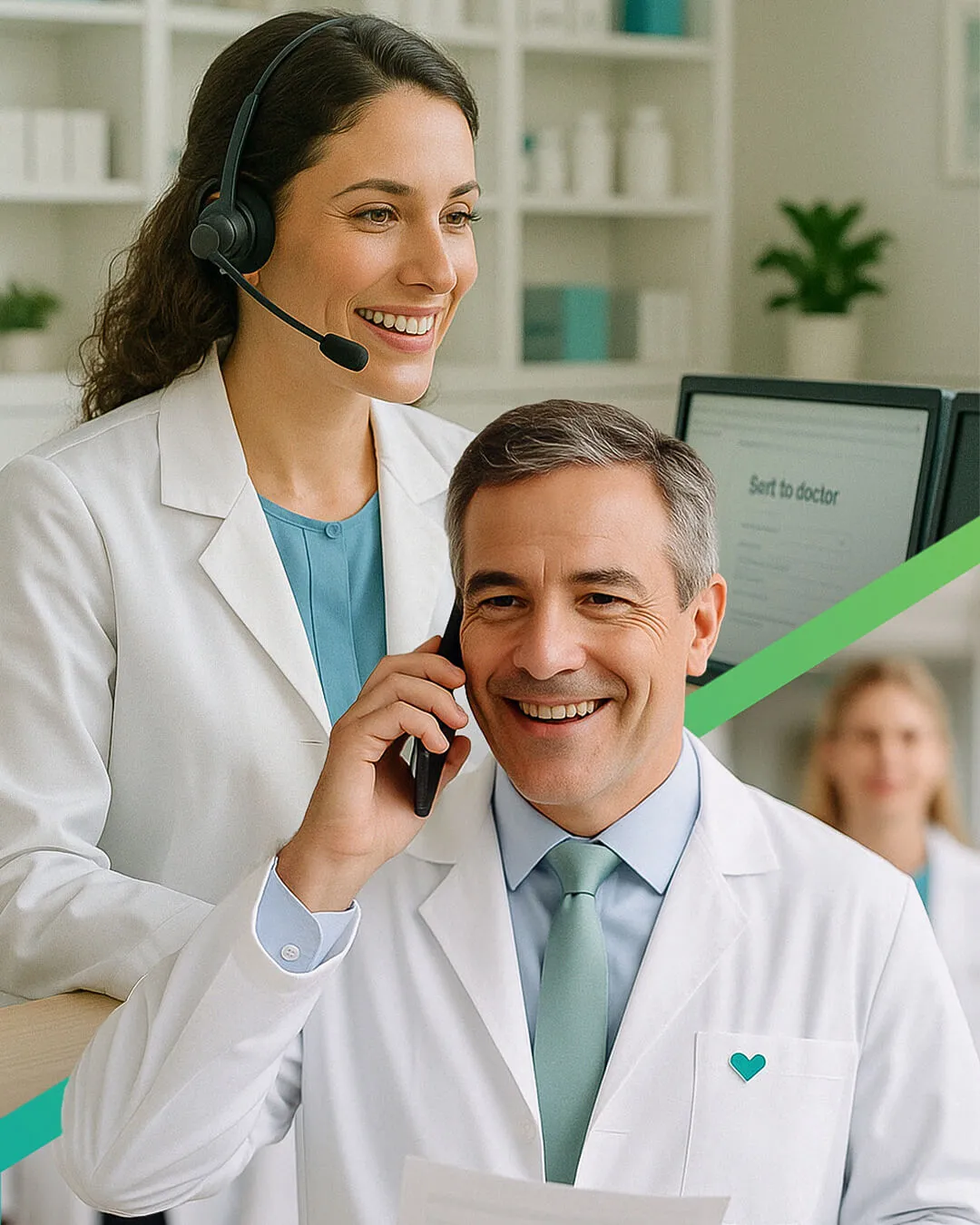 Smiling healthcare professionals with headset and phone in medical office