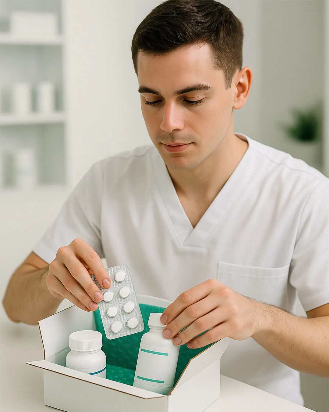 A man in a white shirt holding a box of pills.