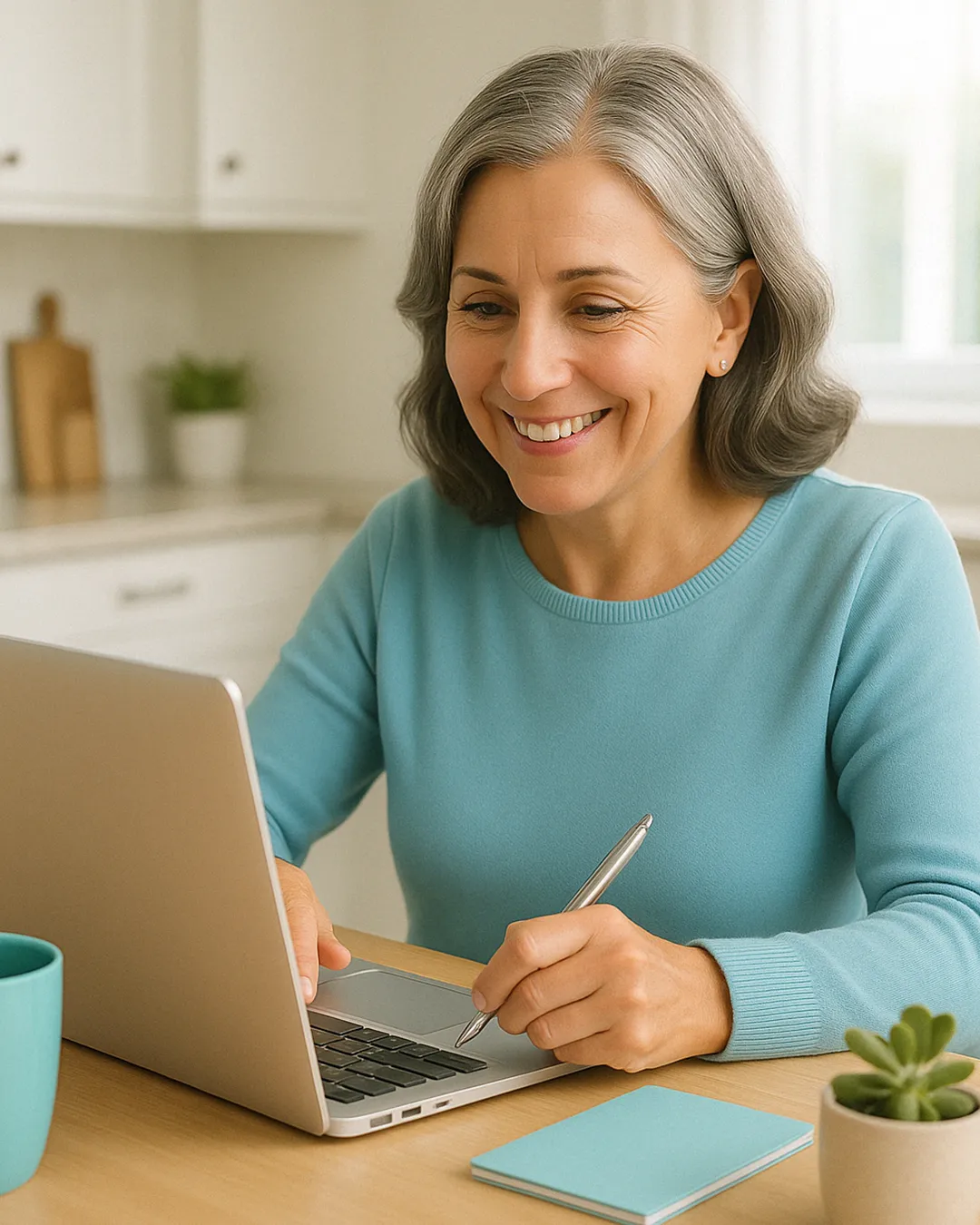 Smiling woman working on laptop at home kitchen desk with plant