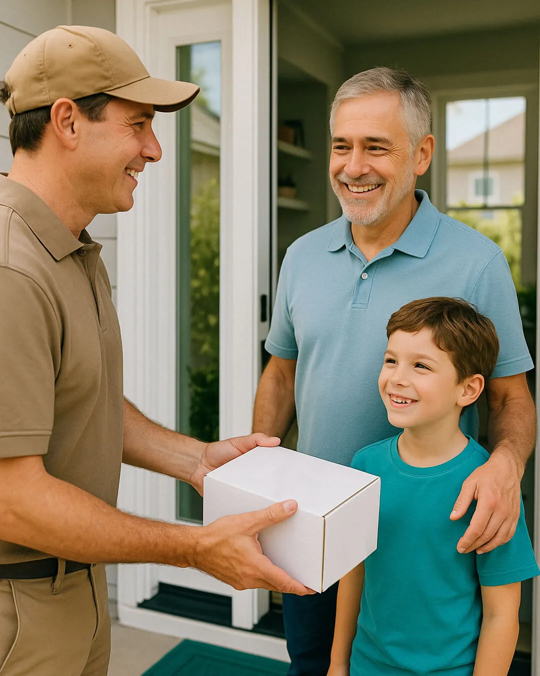 Delivery person handing package to smiling father and son at home