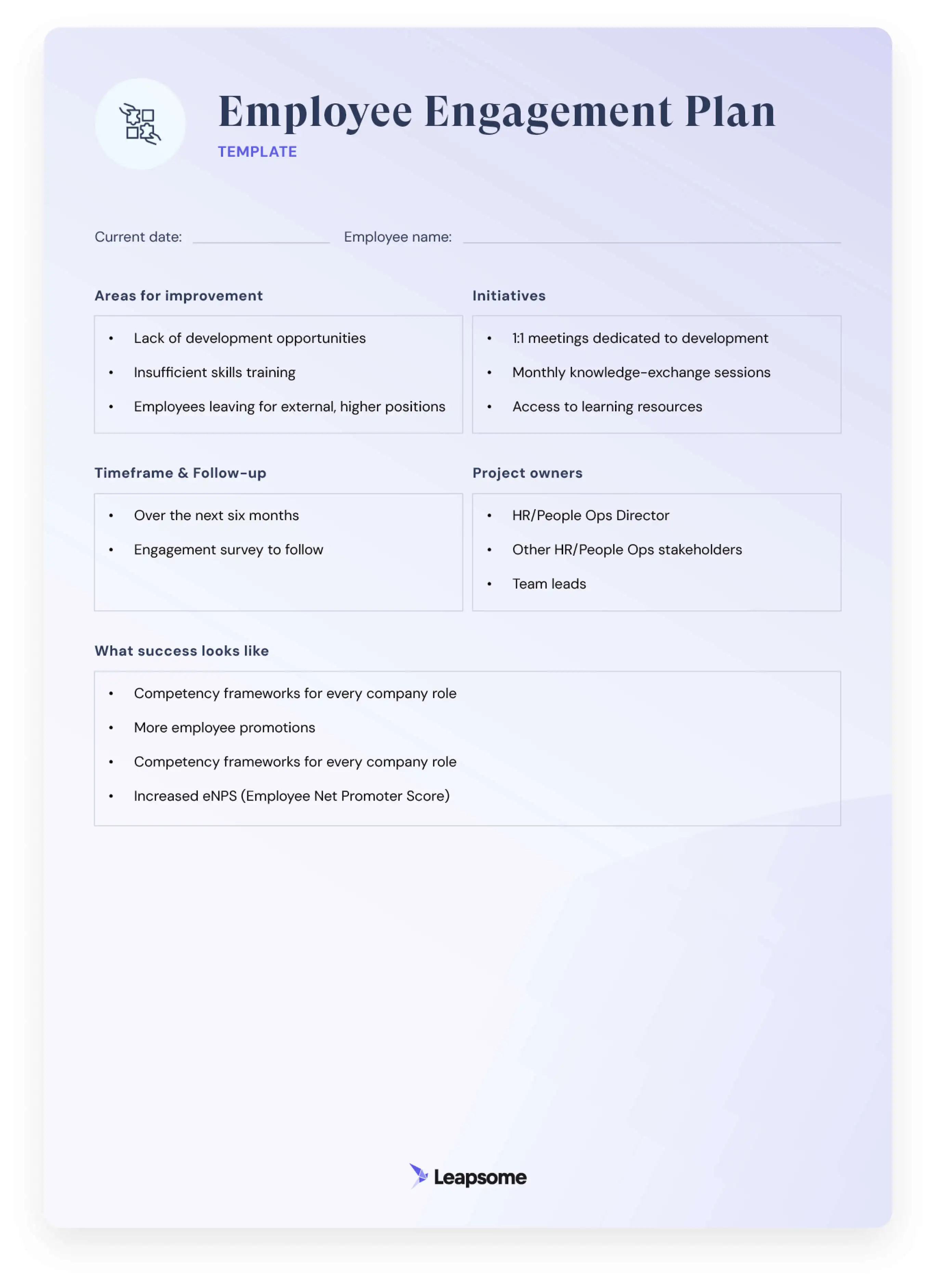 A screenshot of Leapsome’s Employee Engagement Plan template