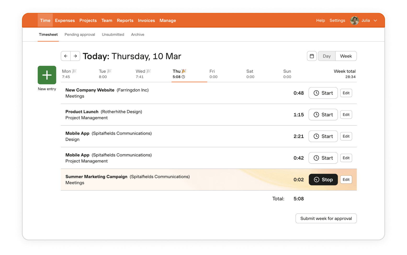 A screenshot of an interface from Harvest's time tracking software.
