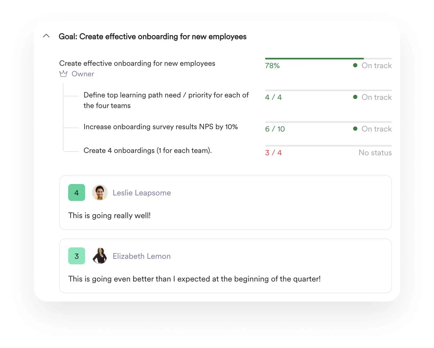 Screenshot of a goal progress interface within Leapsome Reviews.