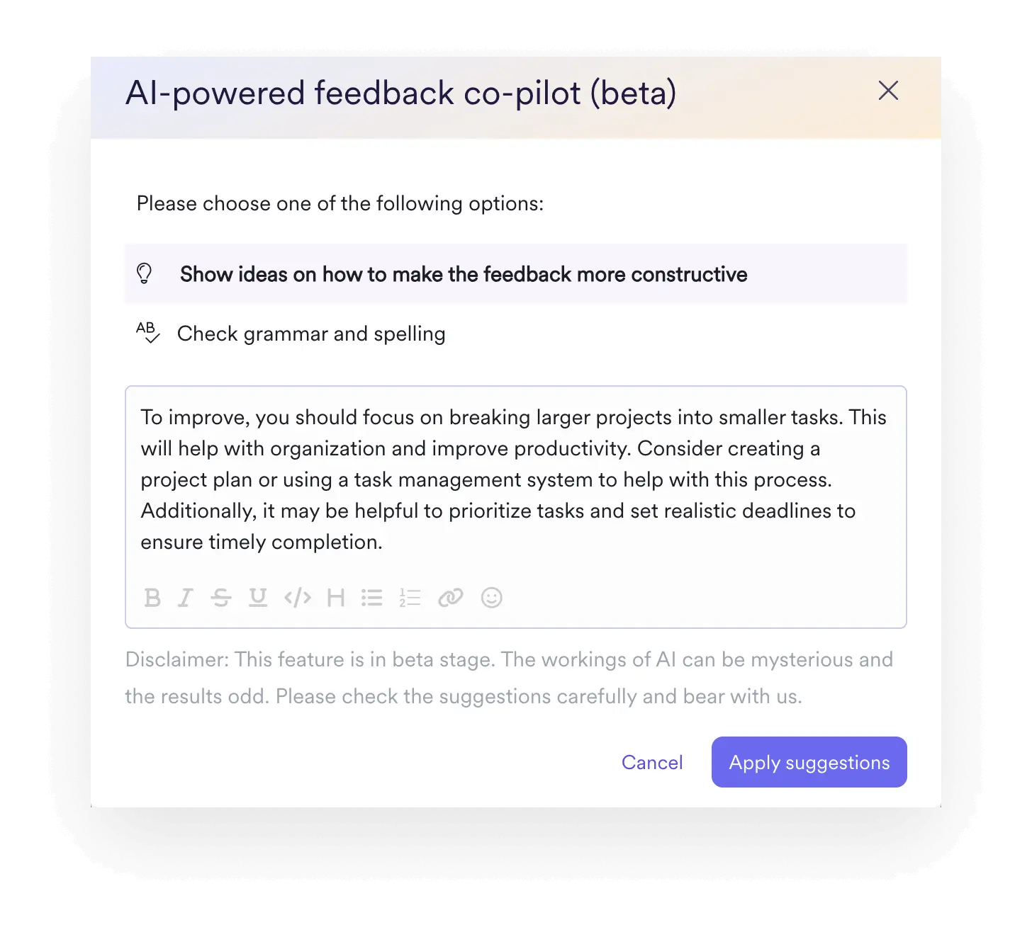 A screenshot of Leapsome’s AI-powered feedback recommendations.