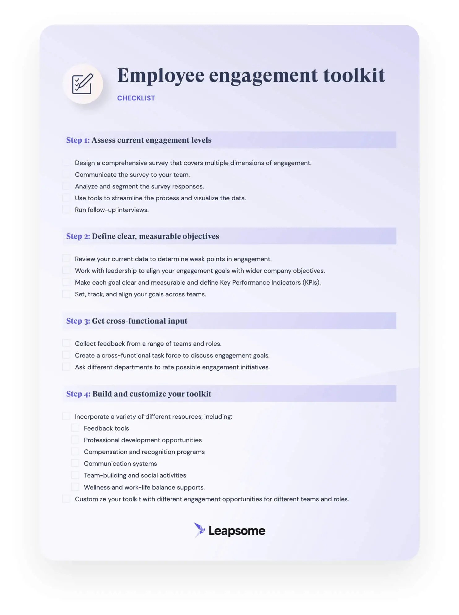 Screenshot of Leapsome’s employee engagement toolkit checklist
