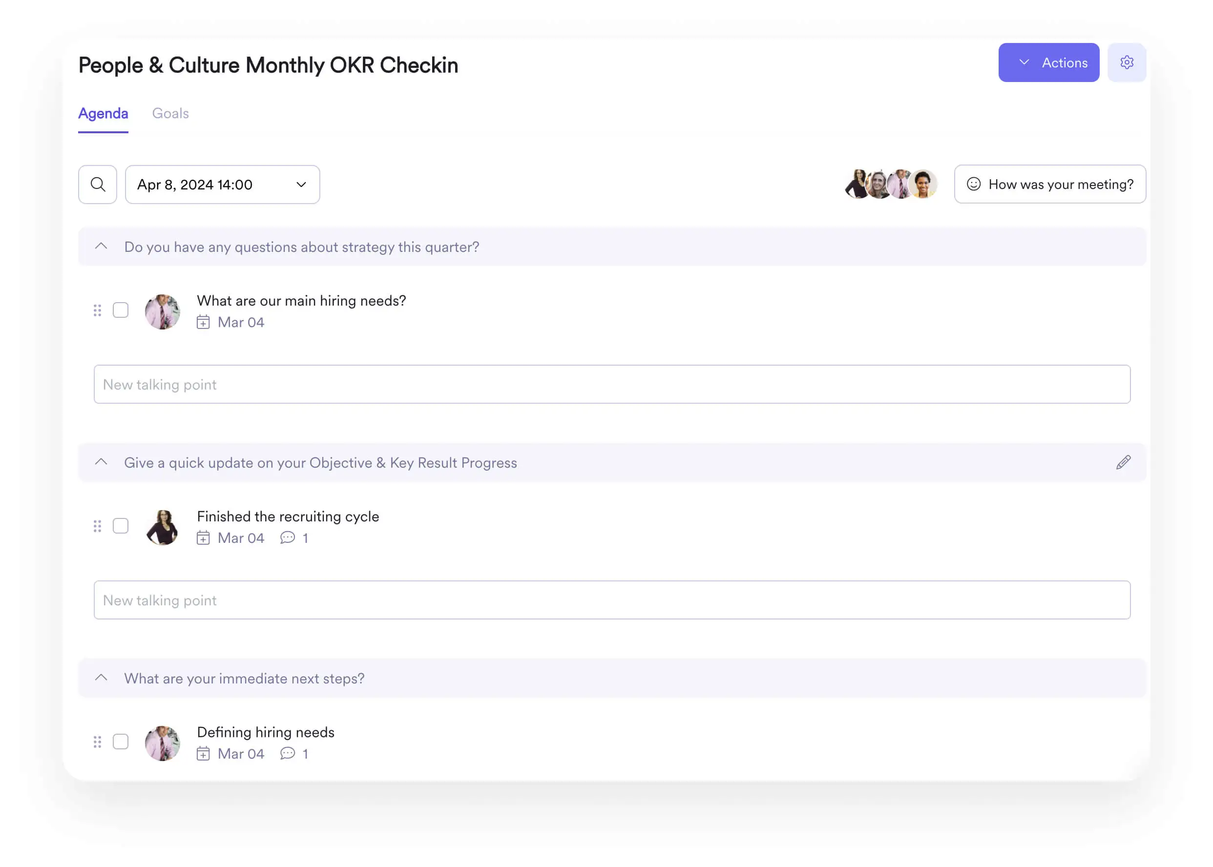 Image of the Leapsome meeting feature, displaying an OKR check-in meeting agenda