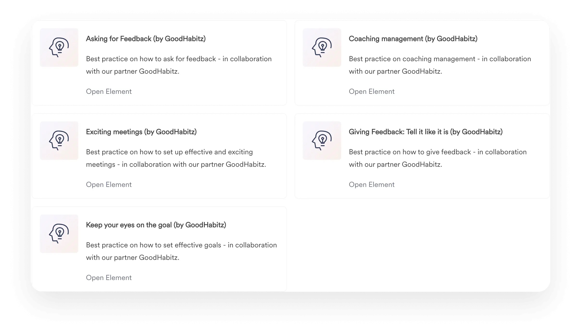 A screenshot of an interface from Leapsome Learning's learning marketplace, showing an array of GoodHabitz courses. 