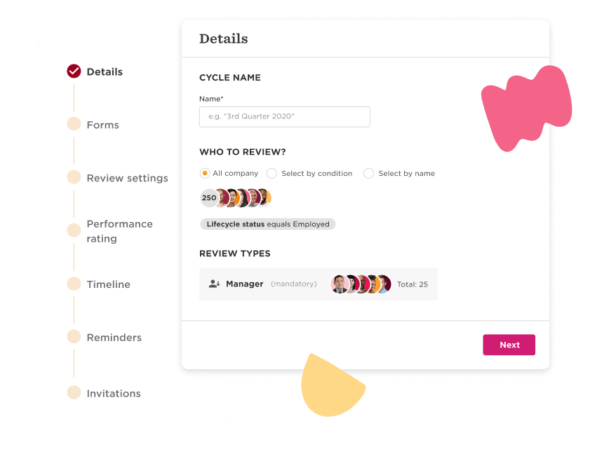Images of HiBob's performance management interface, showing example details from a review cycle.