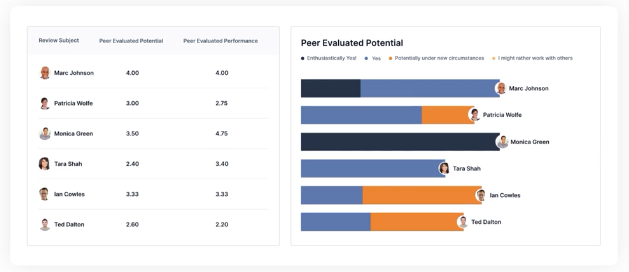 Screenshot of PerformYard's reporting and analytics dashboard for peer evaluated potential.