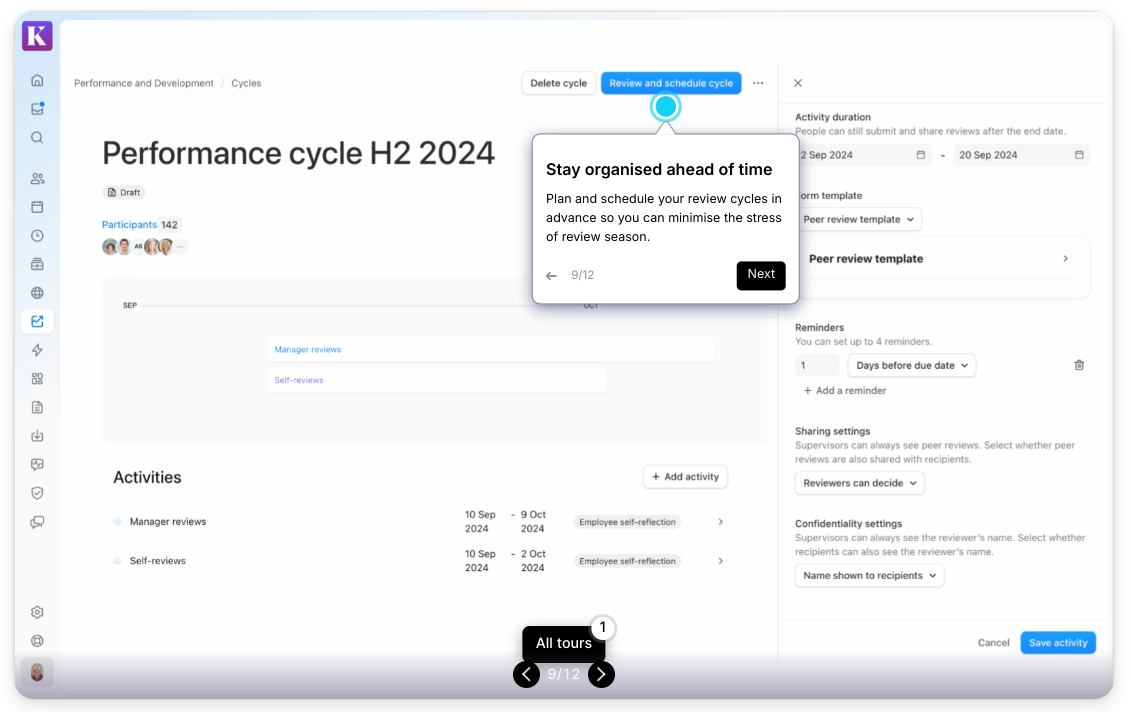 Screenshot of performance and development interface within the Personio platform.