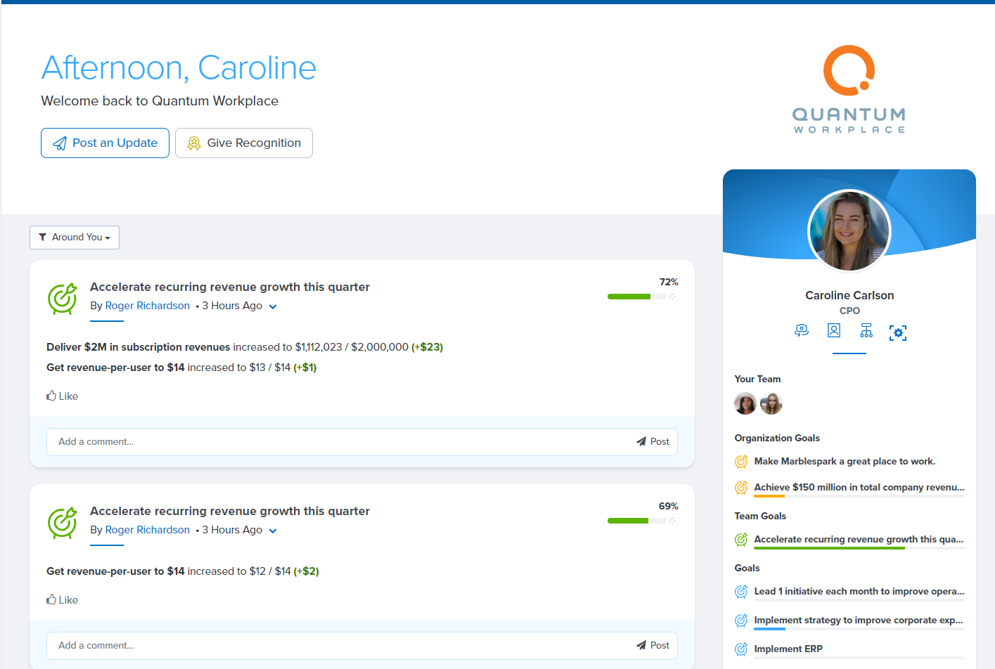 Screenshot of the Quantum Workplace user interface, featuring a dashboard with team updates and goals.