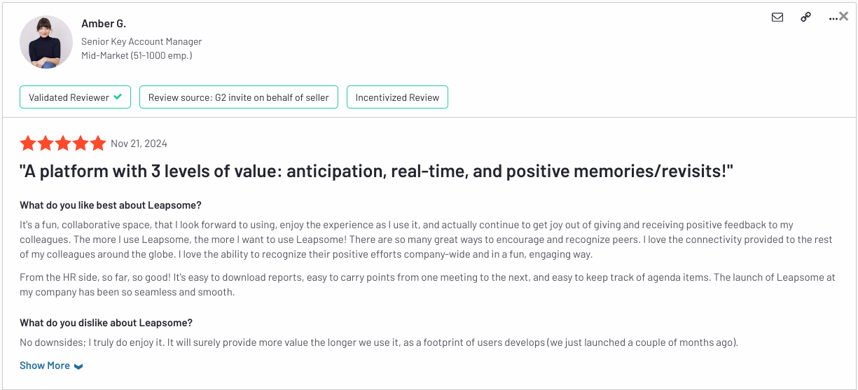Screenshot of a positive G2 review of Leapsome's people-first HR platform.