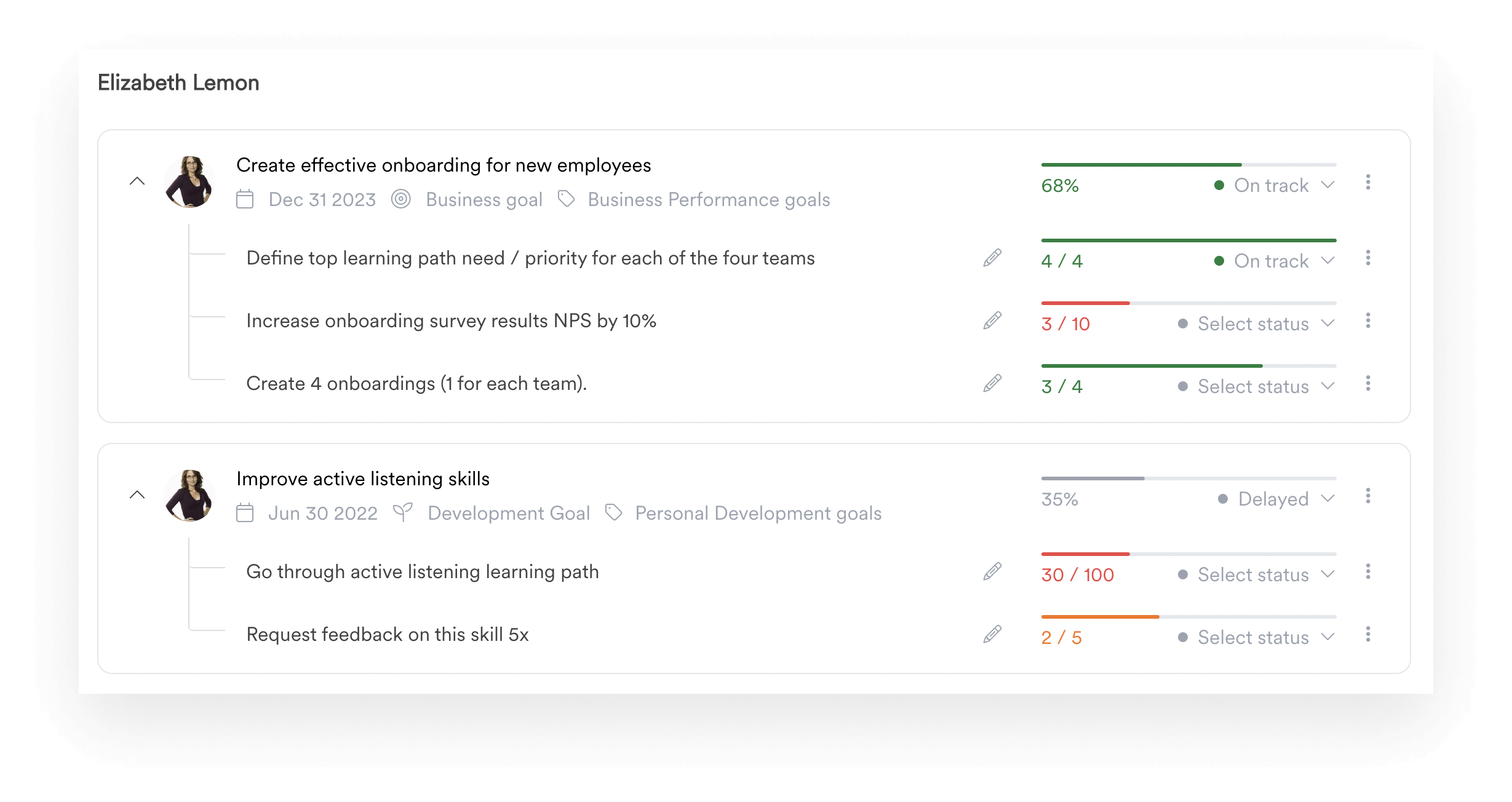 A screenshot of a dashboard from the Leapsome Goals module featuring two different goals, which are broken down into individual steps, and then given a progress score.