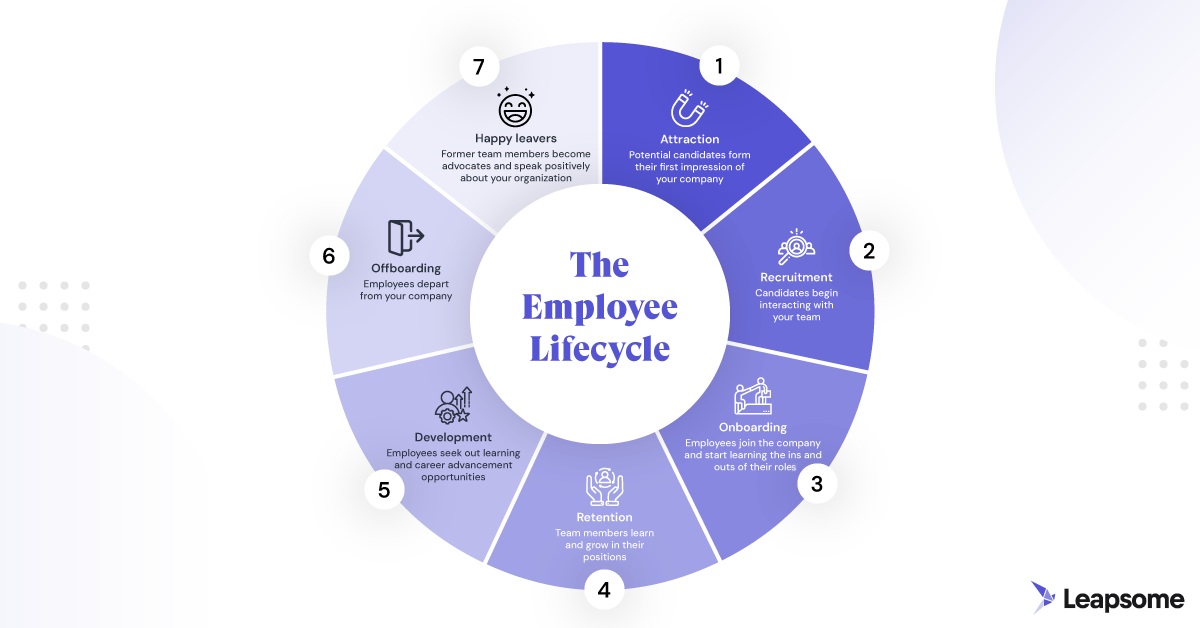 An infographic showing the seven stages of the employee lifecycle, arranged in a cycle and starting with attraction. The cycle then lists recruitment, onboarding, retention, development, offboarding, and happy leavers, in that order.