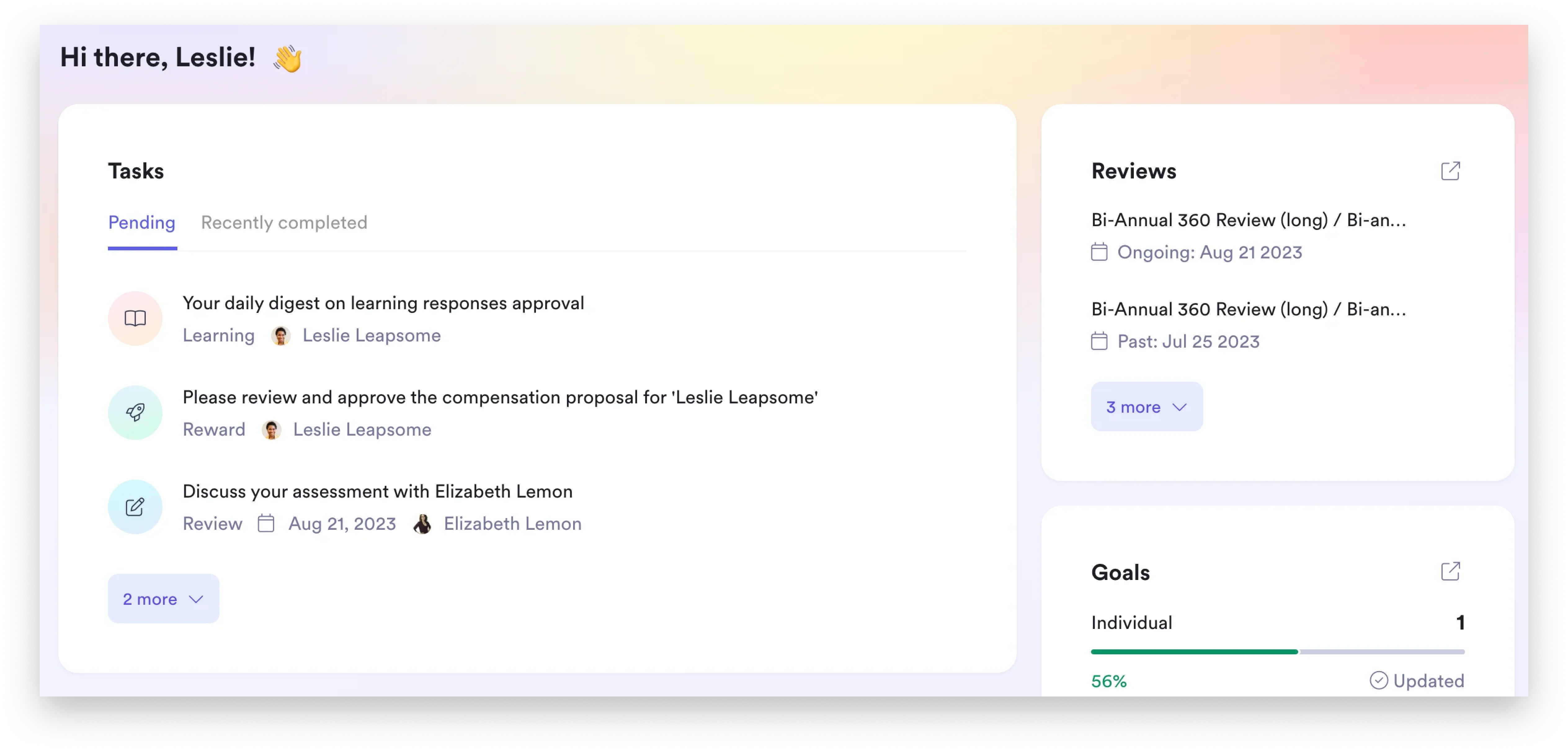Screenshot of the Leapsome dashboard