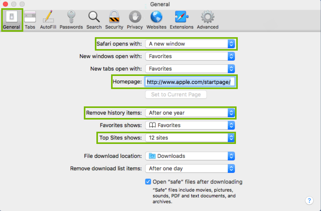 screenshot of safari general Preferences highlighting security-related options