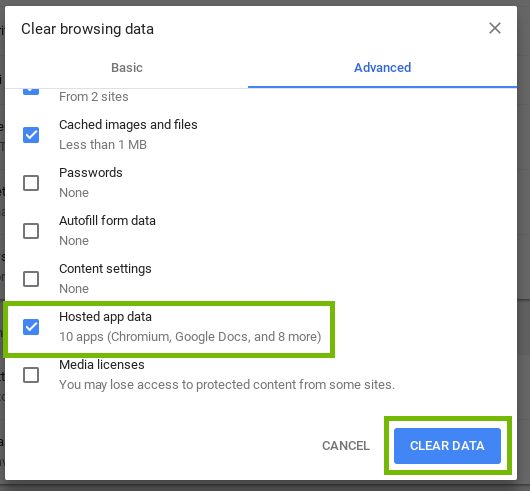 screenshot of clear browsing data with hosted app data and clear data button highlighted