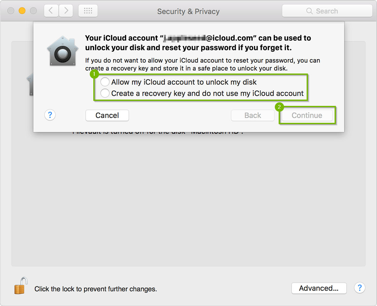 screenshot of dialog to create a FileVault local recovery key