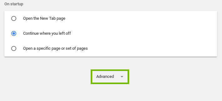 Screenshot of the bottom of settings with advanced highlighted