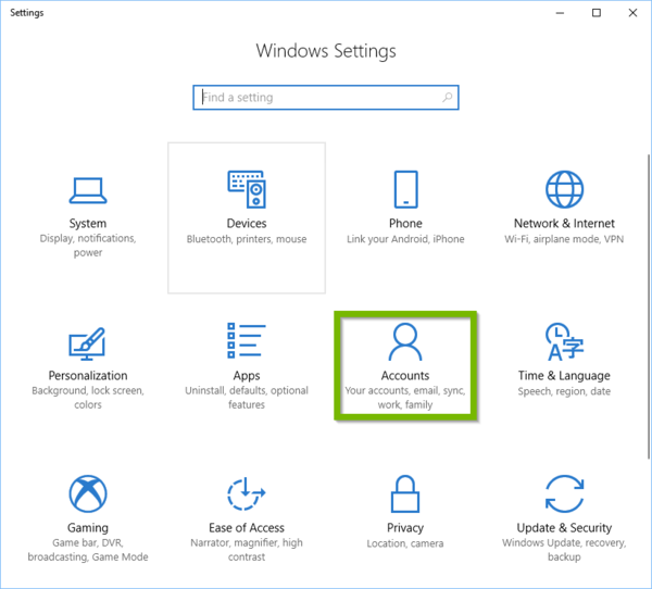Settings with Accounts selected. Screenshot.