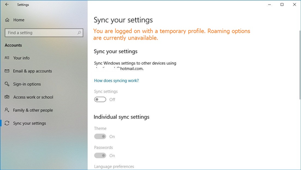 Windows 10 sync your settings menu showing the temporary account error.