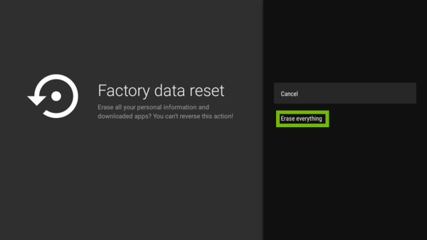 Factory data reset prompt with Erase everything highlighted.
