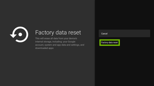 Factory data reset prompt with Factory data reset highlighted.