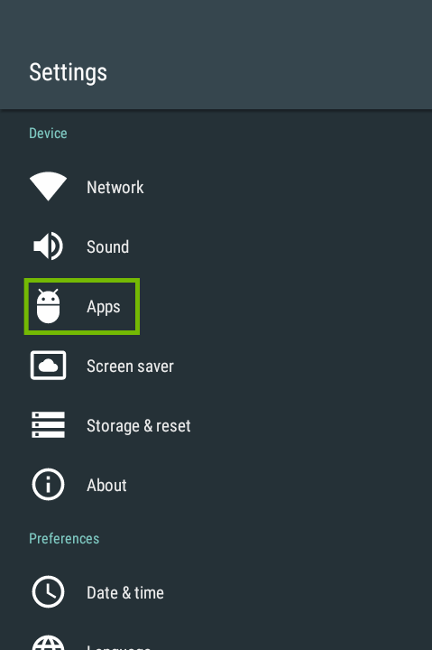 Settings menu with Apps highlighted.