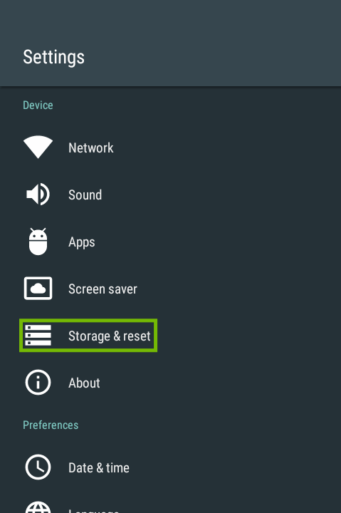 Settings with Storage and reset highlighted.