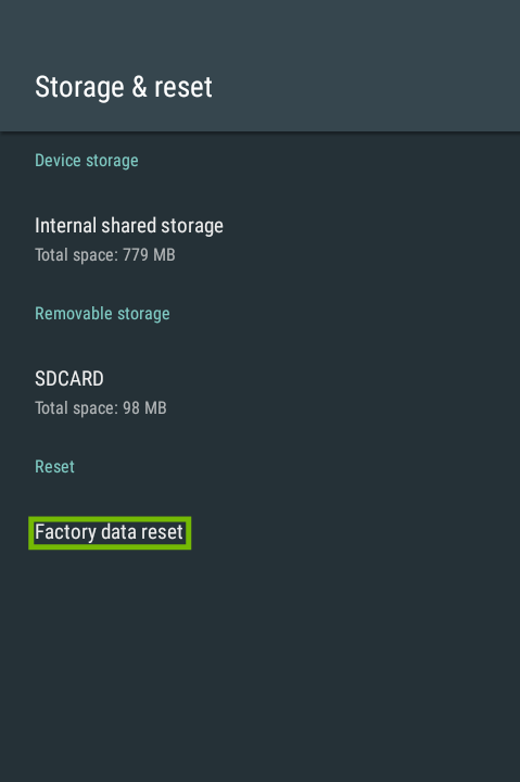 Storage and reset settings with Factory data reset highlighted.