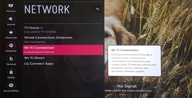 Wi-Fi Connection option selected in network settings.