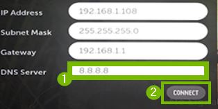 DNS Server entry box highlighted on IP settings screen.