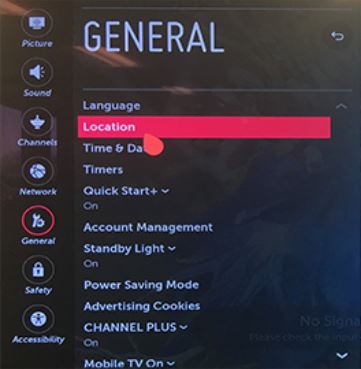 Location option selected in General settings.