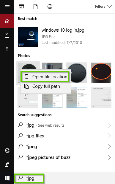 Windows 10 search for image files with open file location highlighted