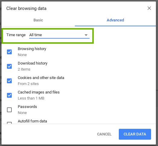 screenshot of clear browsing data with time range highlighted