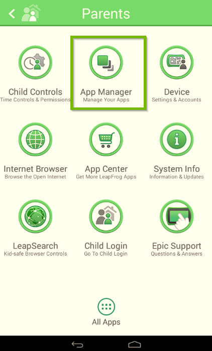 LeapFrog Epic's parents menu with the app manager icon highlighted.