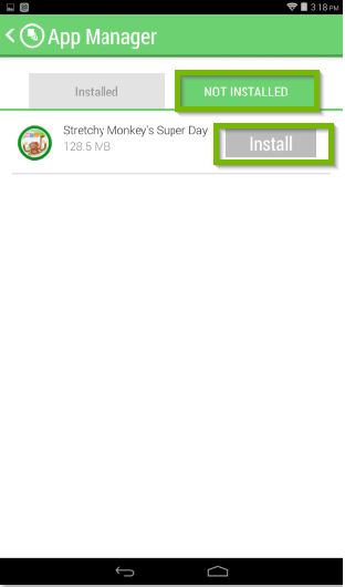 LeapFrog Epic's app manager screen with the not installed tab highlighted, and an install button beside an available app being highlighted.