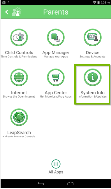 LeapFrog Epic's parents menu with the system info icon highlighted.