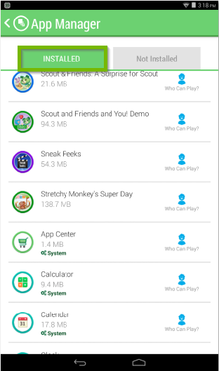 LeapFrog Epic's app manager screen with the installed tab highlighted.