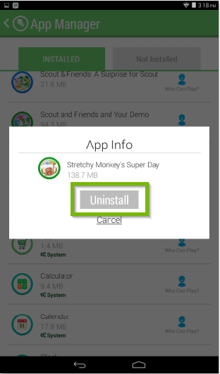 LeapFrog Epic's app manager screen displaying an uninstall verification prompt. The uninstall button is highlighted.