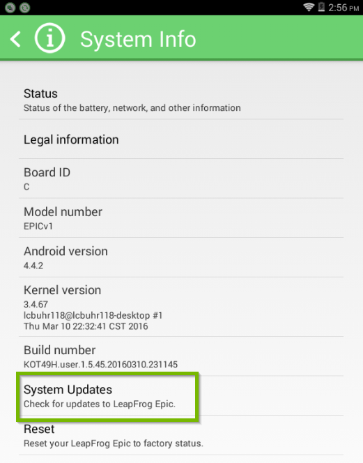LeapFrog Epic's system info screen with the system updates button highlighted.